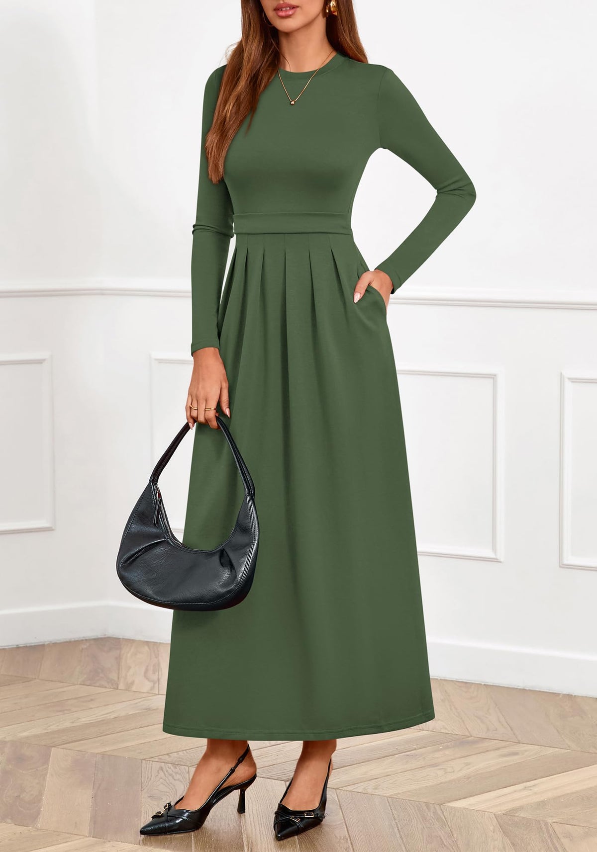 BTFBM Long Sleeve Dress for Women Spring Clothes Pockets Business Casual Pleated Fall Wedding Guest Dresses