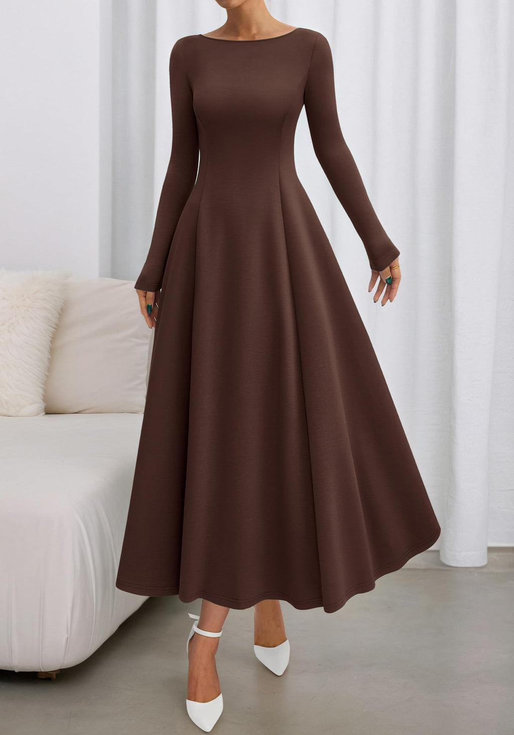 BTFBM Spring Dresses for Women Trendy Boat Neck Long Sleeve A Line Flowy Knit Loose Casual Elegant Party Maxi Dress