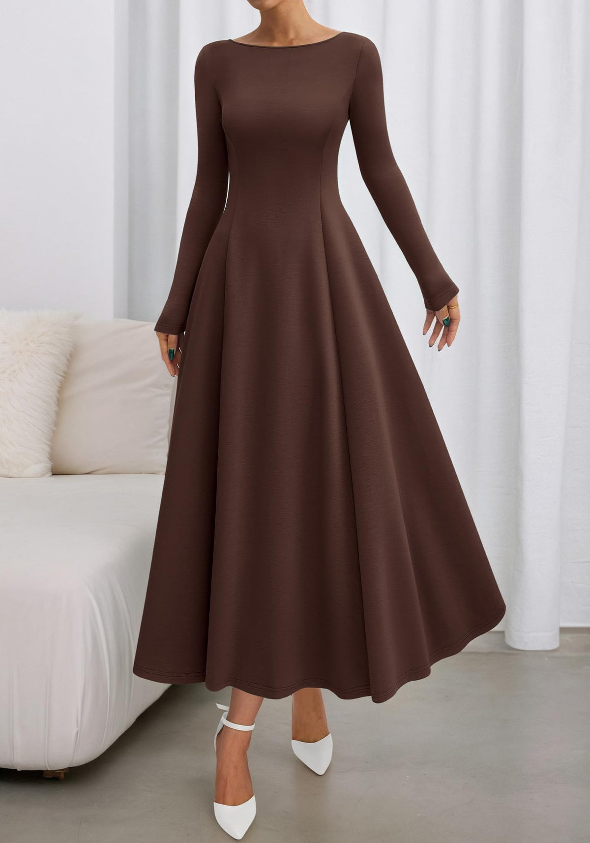 BTFBM Spring Dresses for Women Trendy Boat Neck Long Sleeve A Line Flowy Knit Loose Casual Elegant Party Maxi Dress