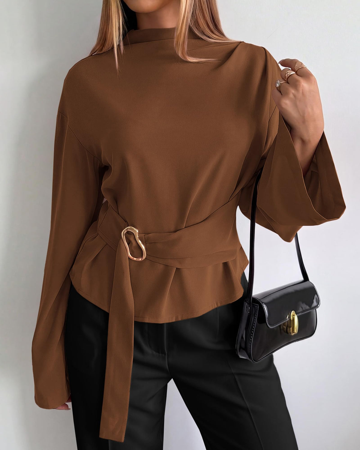 BTFBM Women Business Casual Blouses Bell Long Sleeve Tie Waist Top Mock Neck Back Zipper Shirt, Elegant Dressy Buckle Tunic, Going Out Tops, Work Office Shirts, Early Fall Fashion