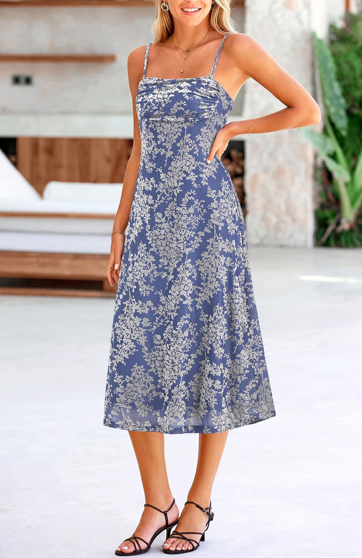 BTFBM Women's Summer Dress Sleeveless Spaghetti Strap Midi Dress Sexy Cowl Neck Floral Cocktail Dress Party Dresses