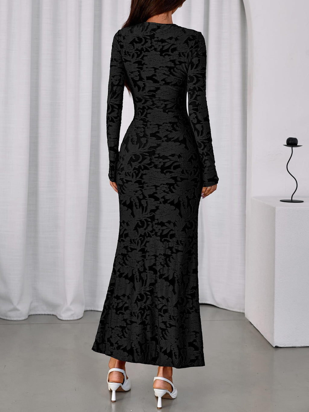 BTFBM Wedding Guest Dresses for Women Fall Elegant Floral Lace Ruched Long Sleeve Bodycon Cocktail Party Maxi Dress