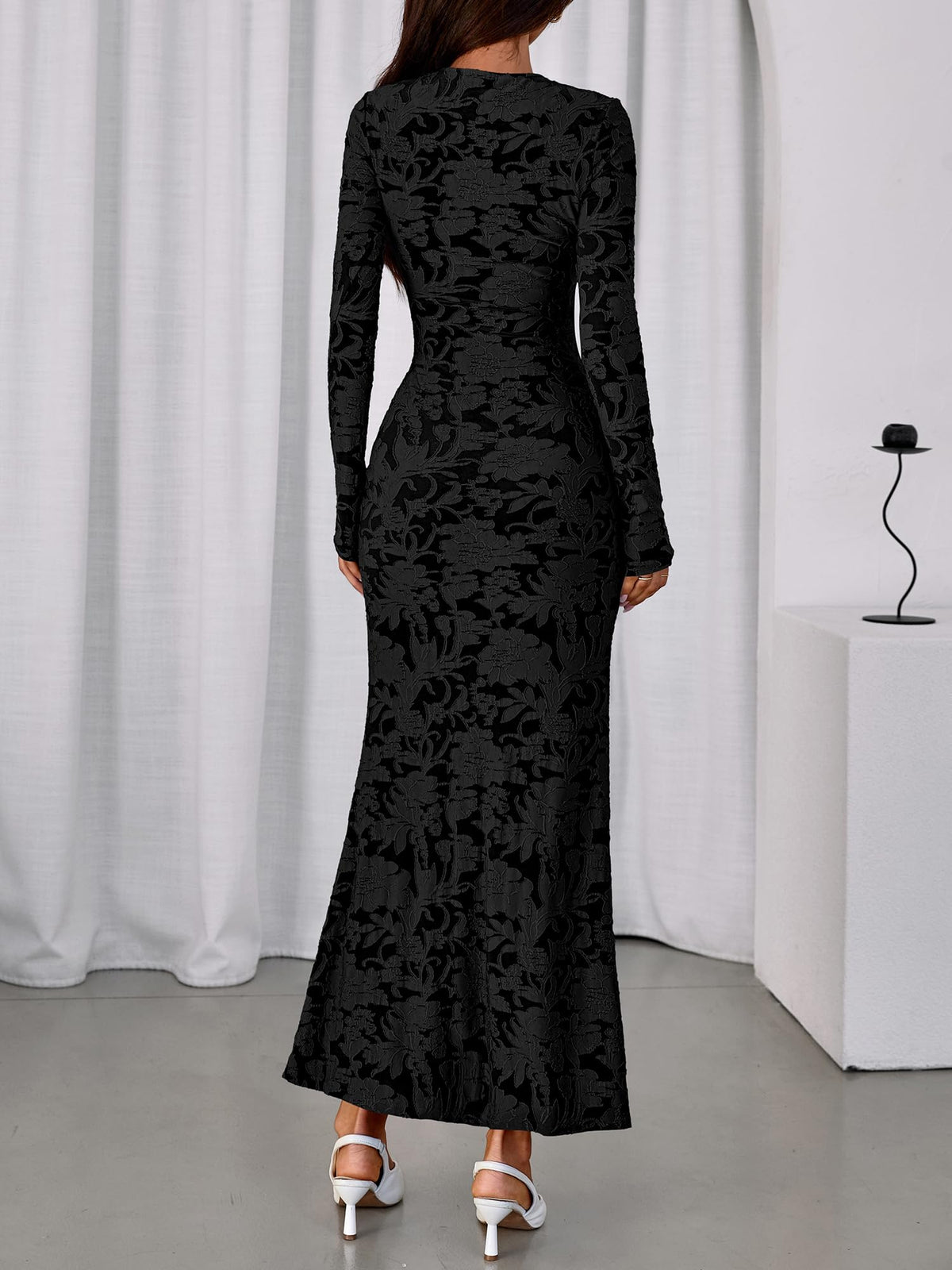 BTFBM Wedding Guest Dresses for Women Fall Elegant Floral Lace Ruched Long Sleeve Bodycon Cocktail Party Maxi Dress