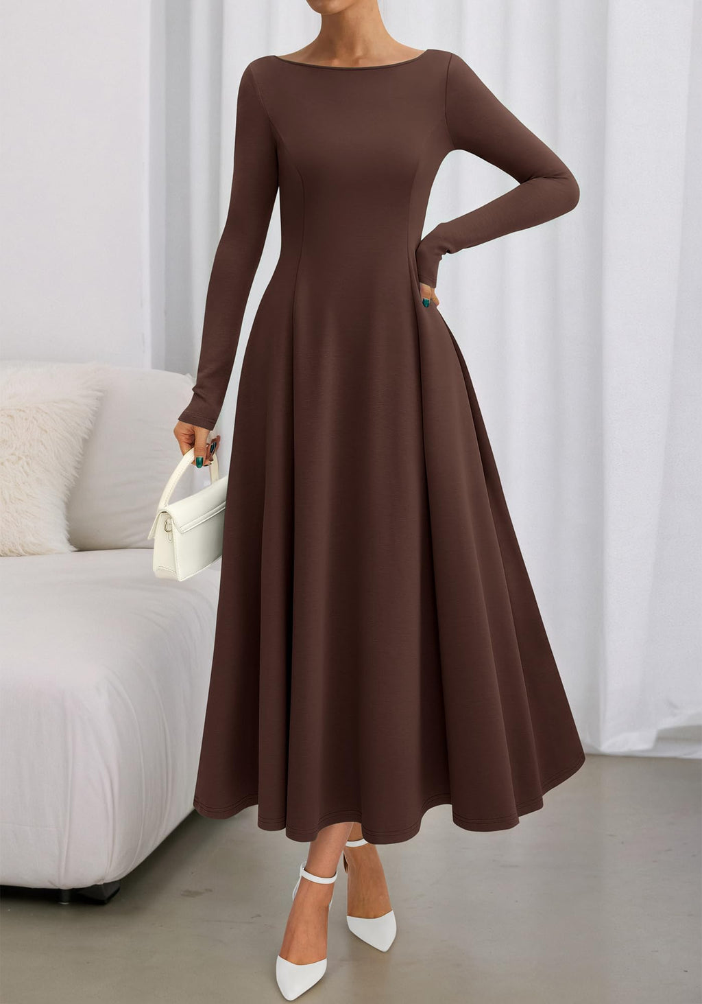 BTFBM Spring Dresses for Women Trendy Boat Neck Long Sleeve A Line Flowy Knit Loose Casual Elegant Party Maxi Dress