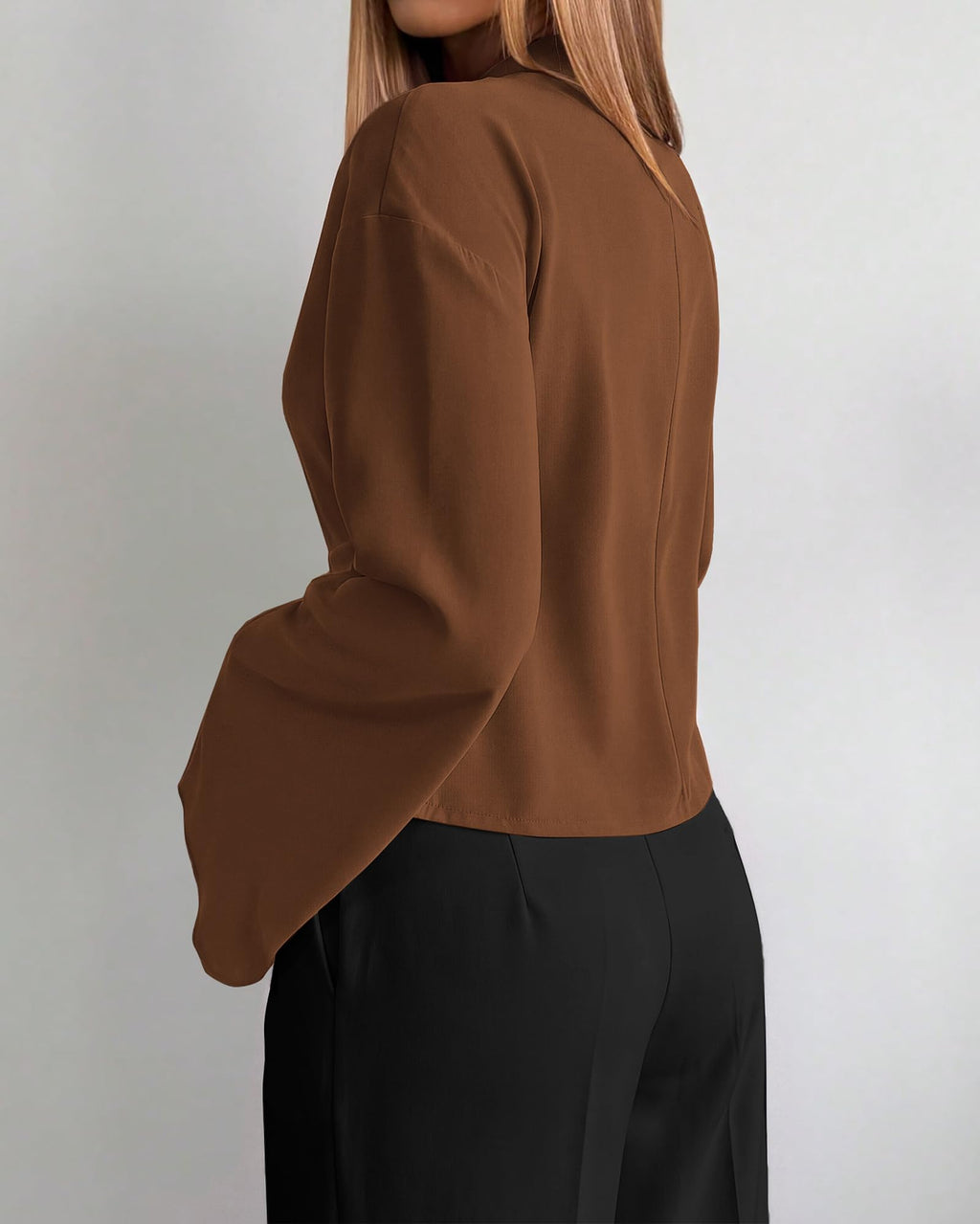 BTFBM Women Business Casual Blouses Bell Long Sleeve Tie Waist Top Mock Neck Back Zipper Shirt, Elegant Dressy Buckle Tunic, Going Out Tops, Work Office Shirts, Early Fall Fashion
