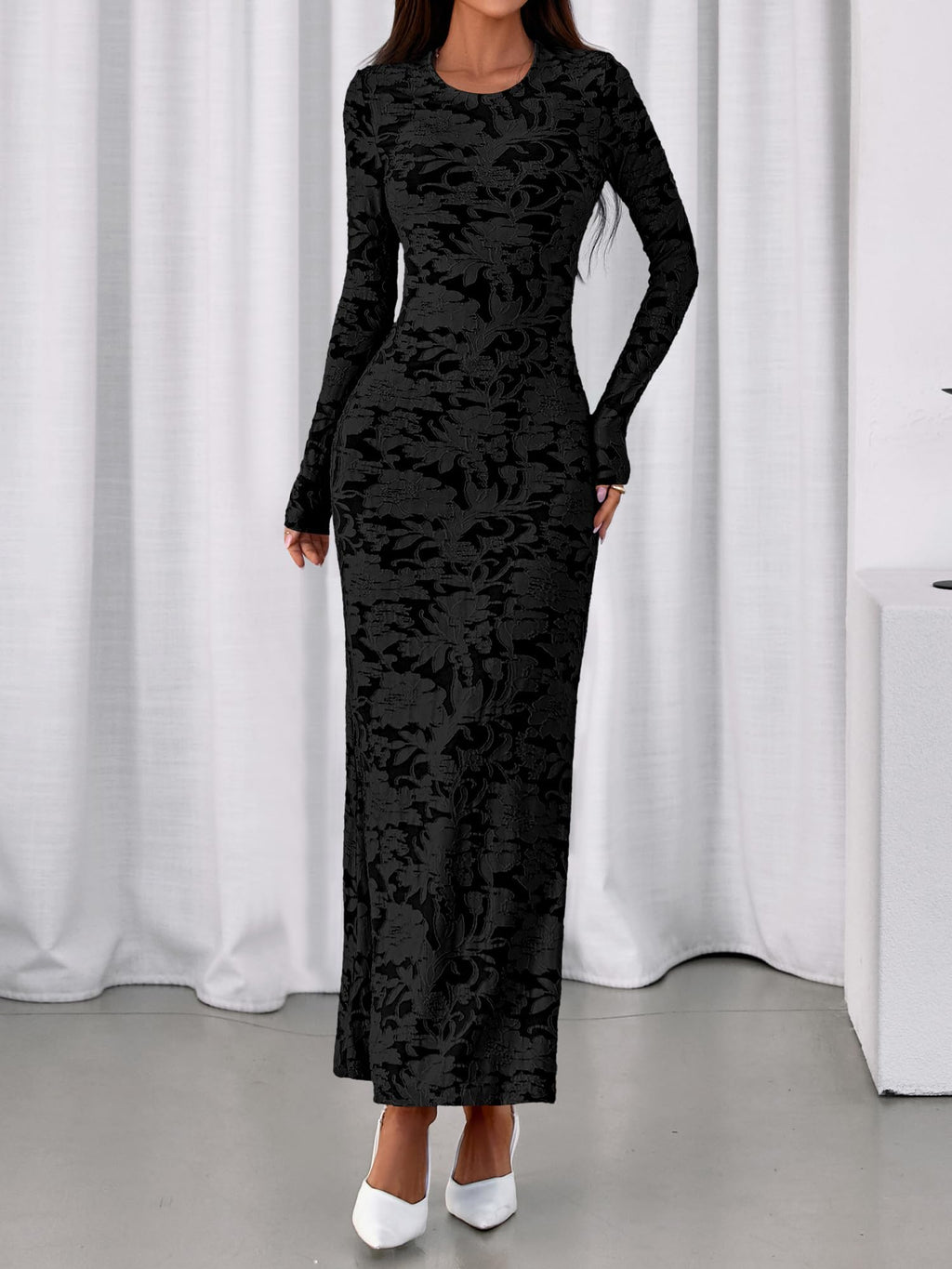 BTFBM Wedding Guest Dresses for Women Fall Elegant Floral Lace Ruched Long Sleeve Bodycon Cocktail Party Maxi Dress