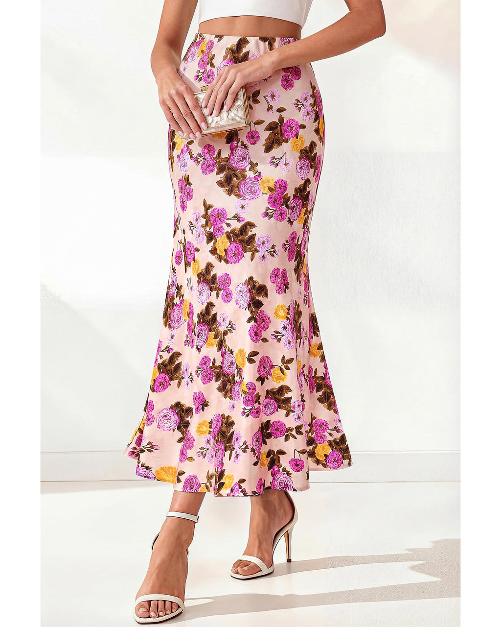 BTFBM Satin Skirts for Women Trendy Spring Summer High Waisted Leopard Print Cocktail Wedding Long Silk Midi Skirt