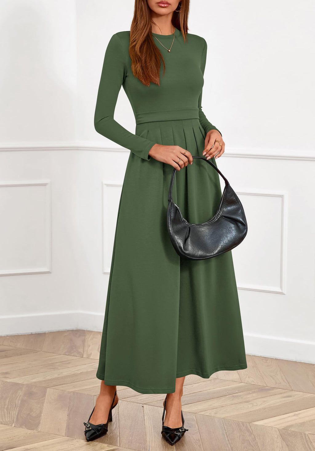BTFBM Long Sleeve Dress for Women Spring Clothes Pockets Business Casual Pleated Fall Wedding Guest Dresses