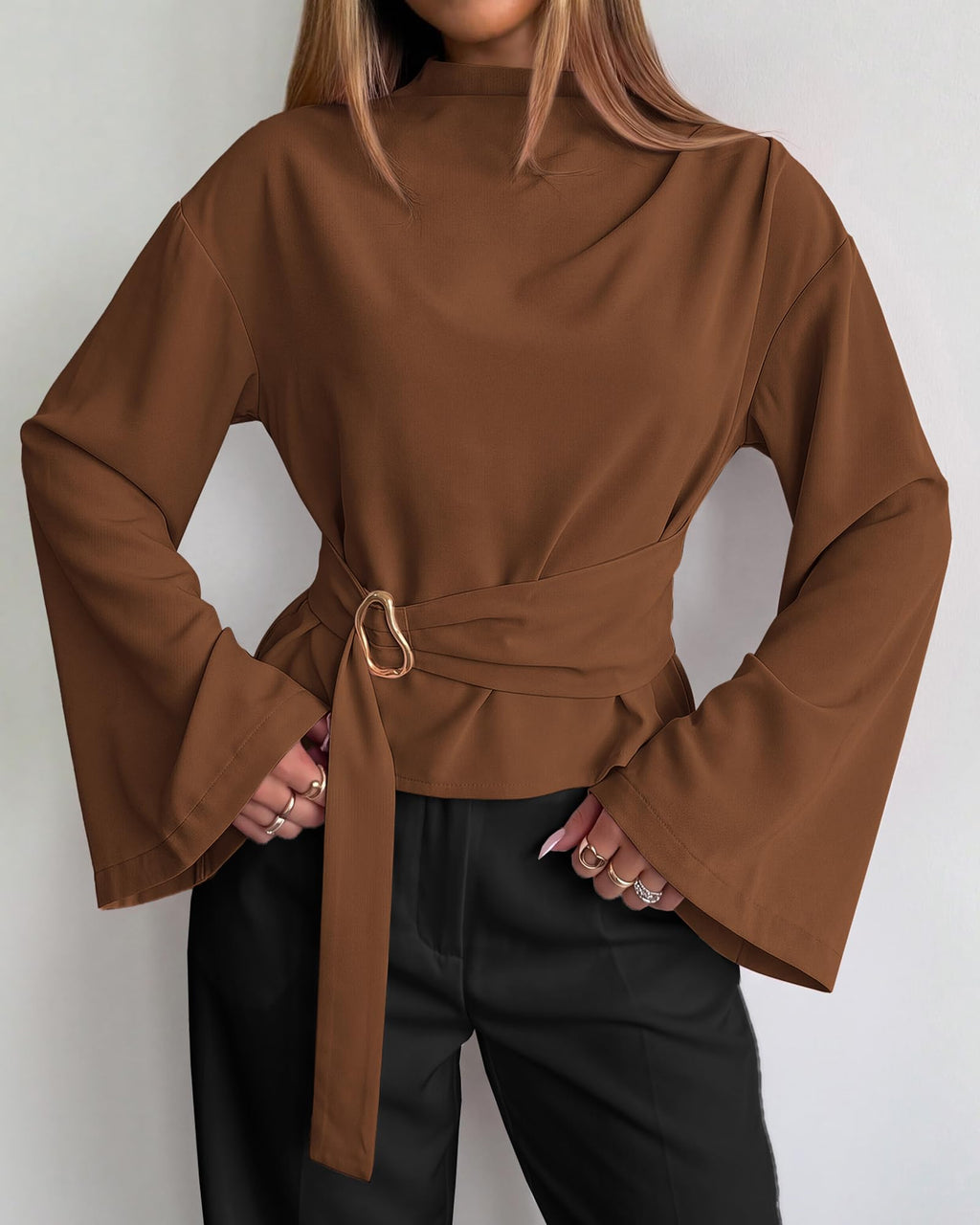 BTFBM Women Business Casual Blouses Bell Long Sleeve Tie Waist Top Mock Neck Back Zipper Shirt, Elegant Dressy Buckle Tunic, Going Out Tops, Work Office Shirts, Early Fall Fashion