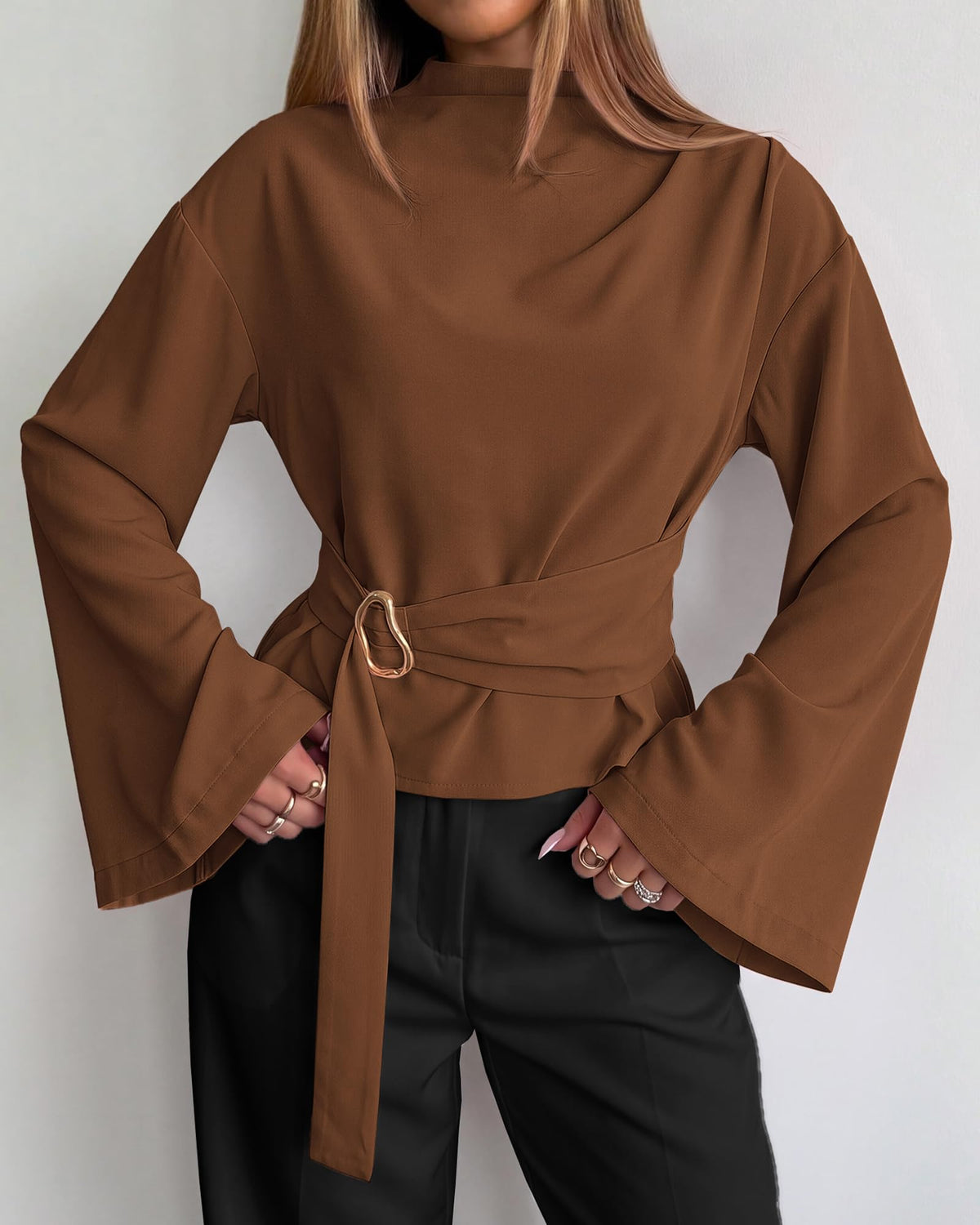 BTFBM Women Business Casual Blouses Bell Long Sleeve Tie Waist Top Mock Neck Back Zipper Shirt, Elegant Dressy Buckle Tunic, Going Out Tops, Work Office Shirts, Early Fall Fashion