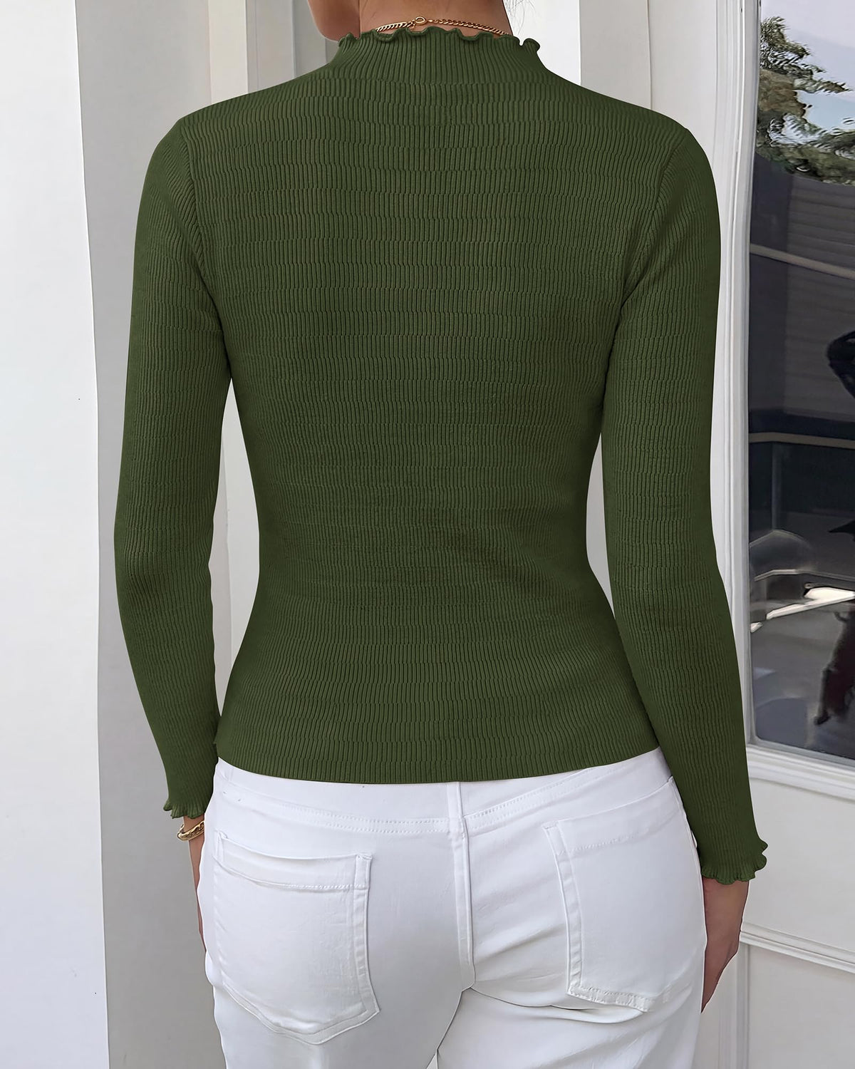 BTFBM Womens Fall Sweaters Trendy Lightweight Ruffle Mock Neck Tops Lettuce Trim Long Sleeve Top,Ribbed Knit Dressy Blouse,Slim Fitted Thermal Shirts,Fashion Clothing,Christmas Winter Outfits