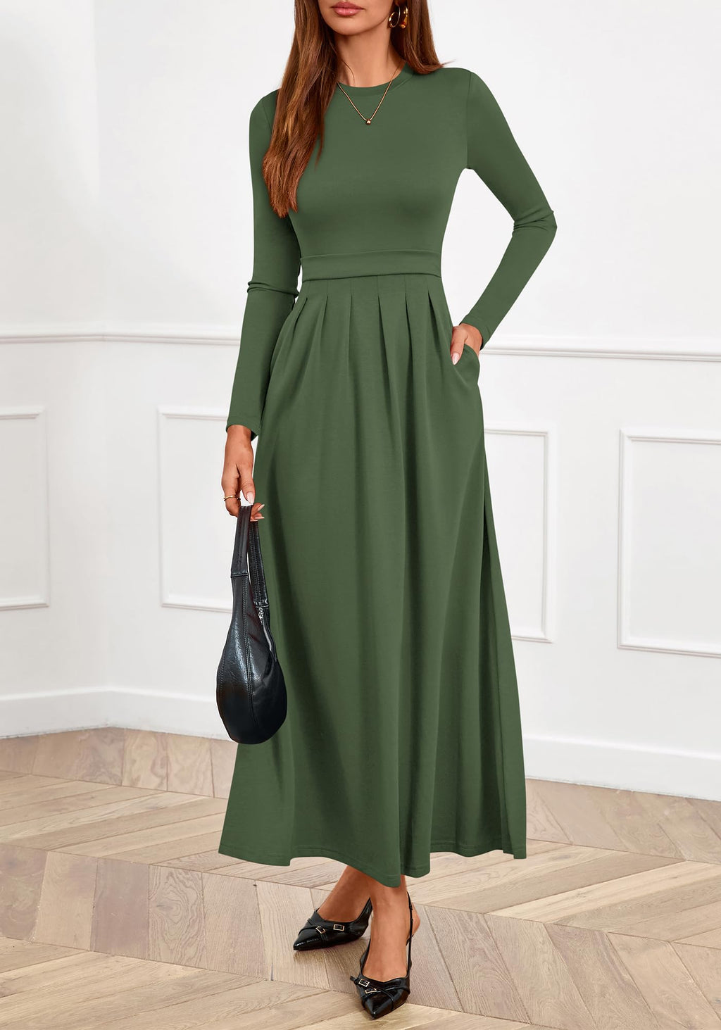 BTFBM Long Sleeve Dress for Women Spring Clothes Pockets Business Casual Pleated Fall Wedding Guest Dresses