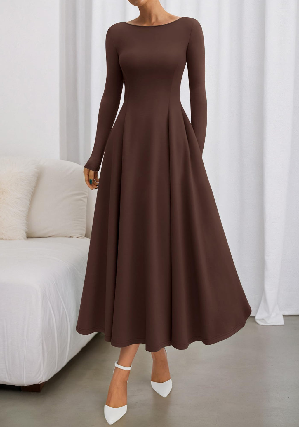 BTFBM Spring Dresses for Women Trendy Boat Neck Long Sleeve A Line Flowy Knit Loose Casual Elegant Party Maxi Dress