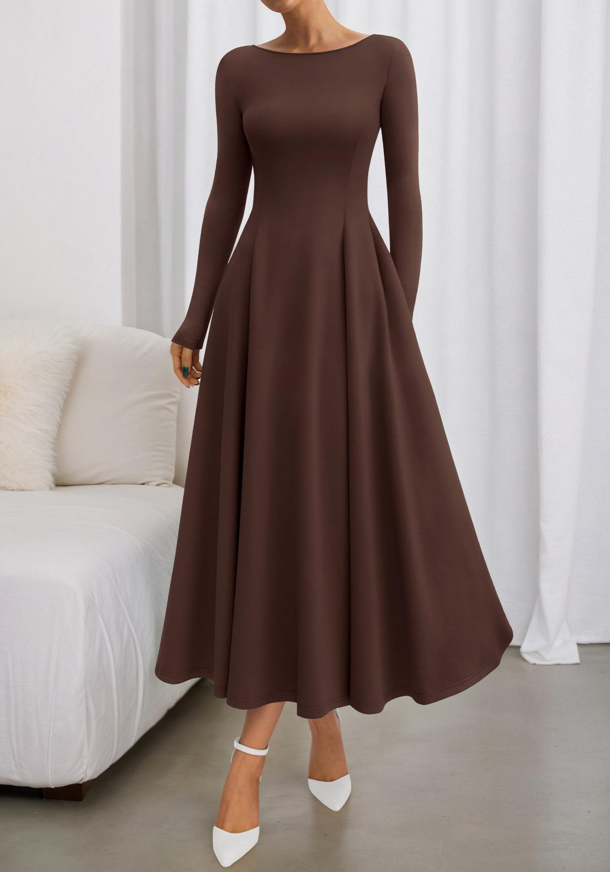 BTFBM Spring Dresses for Women Trendy Boat Neck Long Sleeve A Line Flowy Knit Loose Casual Elegant Party Maxi Dress