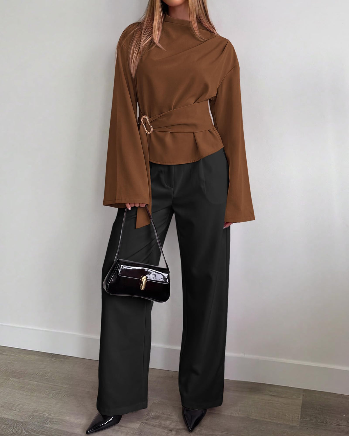 BTFBM Women Business Casual Blouses Bell Long Sleeve Tie Waist Top Mock Neck Back Zipper Shirt, Elegant Dressy Buckle Tunic, Going Out Tops, Work Office Shirts, Early Fall Fashion
