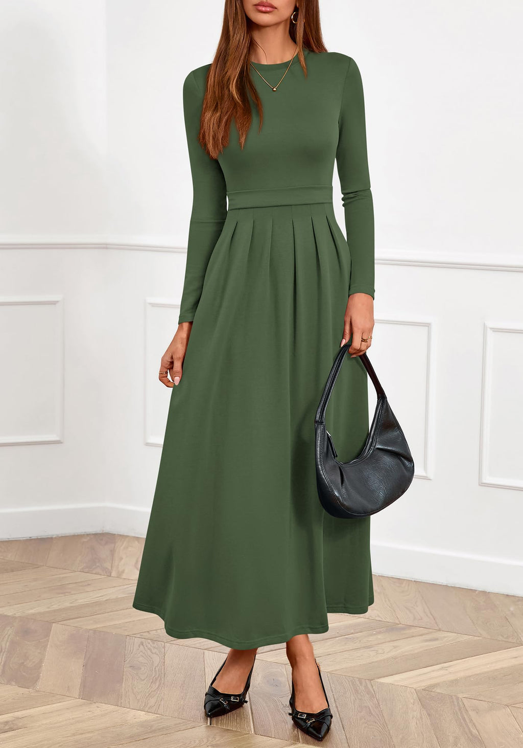 BTFBM Long Sleeve Dress for Women Spring Clothes Pockets Business Casual Pleated Fall Wedding Guest Dresses