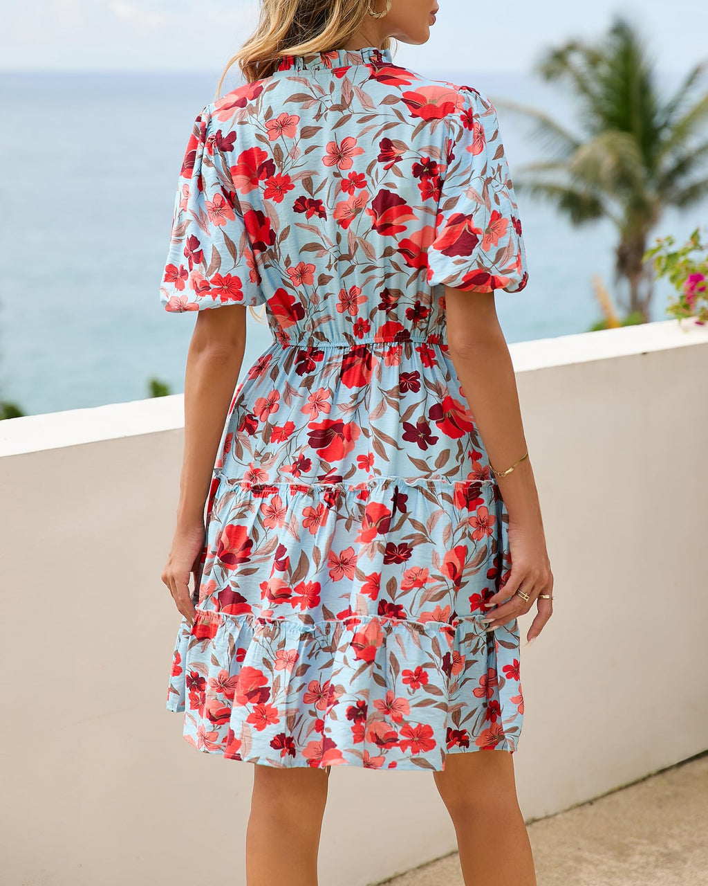 BTFBM Women Summer Floral Short Dresses V Neck Short Sleeve Tiered Ruffle Boho Swing Dress A-Line Mini Dresses