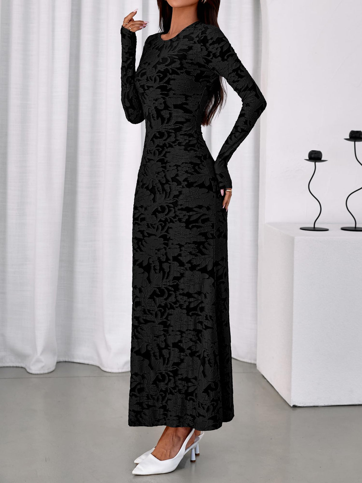 BTFBM Wedding Guest Dresses for Women Fall Elegant Floral Lace Ruched Long Sleeve Bodycon Cocktail Party Maxi Dress
