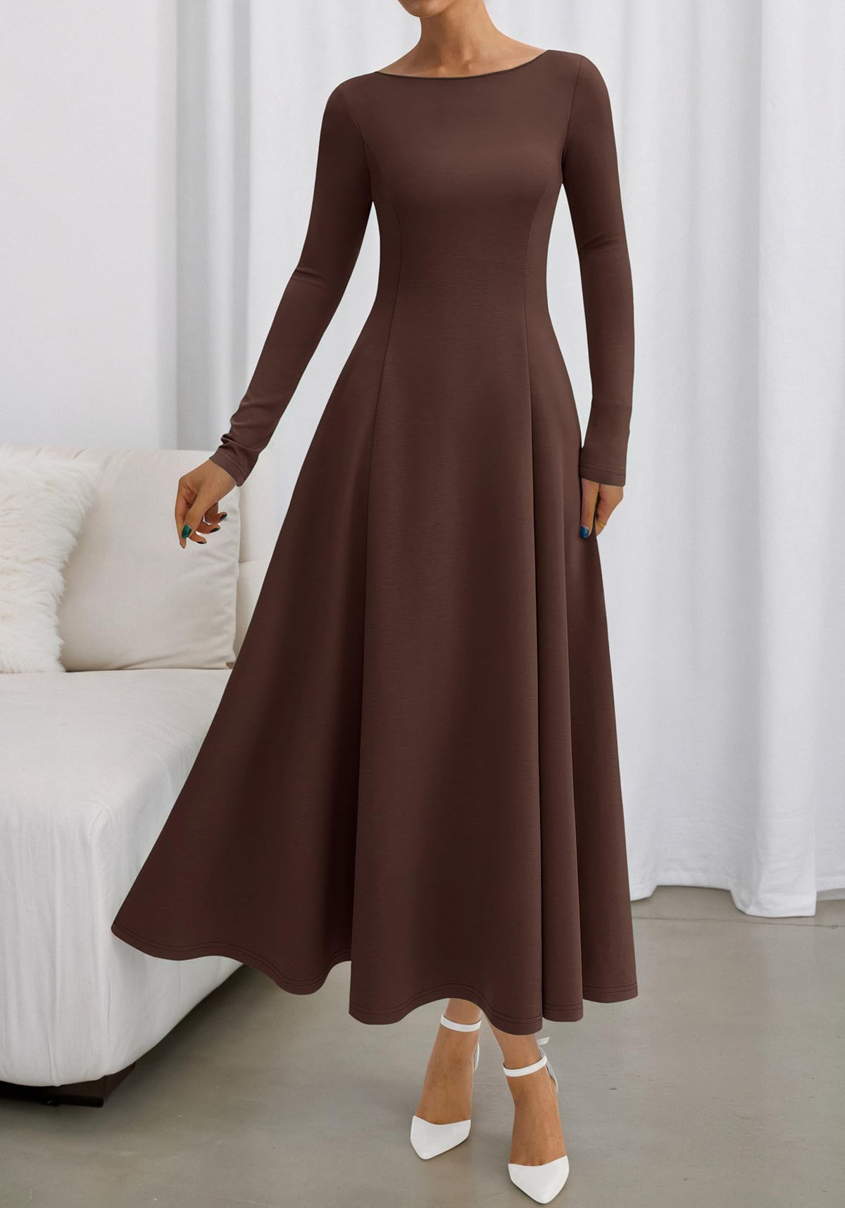 BTFBM Spring Dresses for Women Trendy Boat Neck Long Sleeve A Line Flowy Knit Loose Casual Elegant Party Maxi Dress