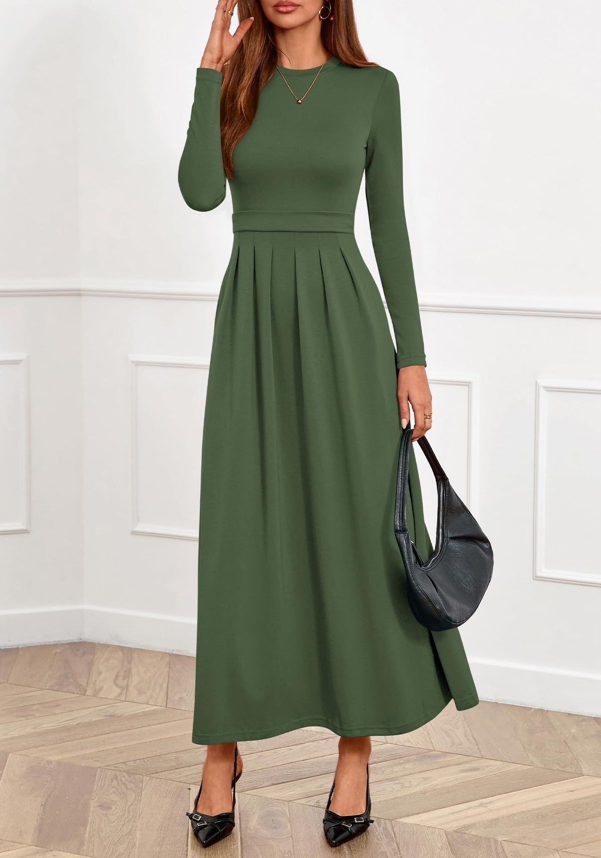 BTFBM Long Sleeve Dress for Women Spring Clothes Pockets Business Casual Pleated Fall Wedding Guest Dresses