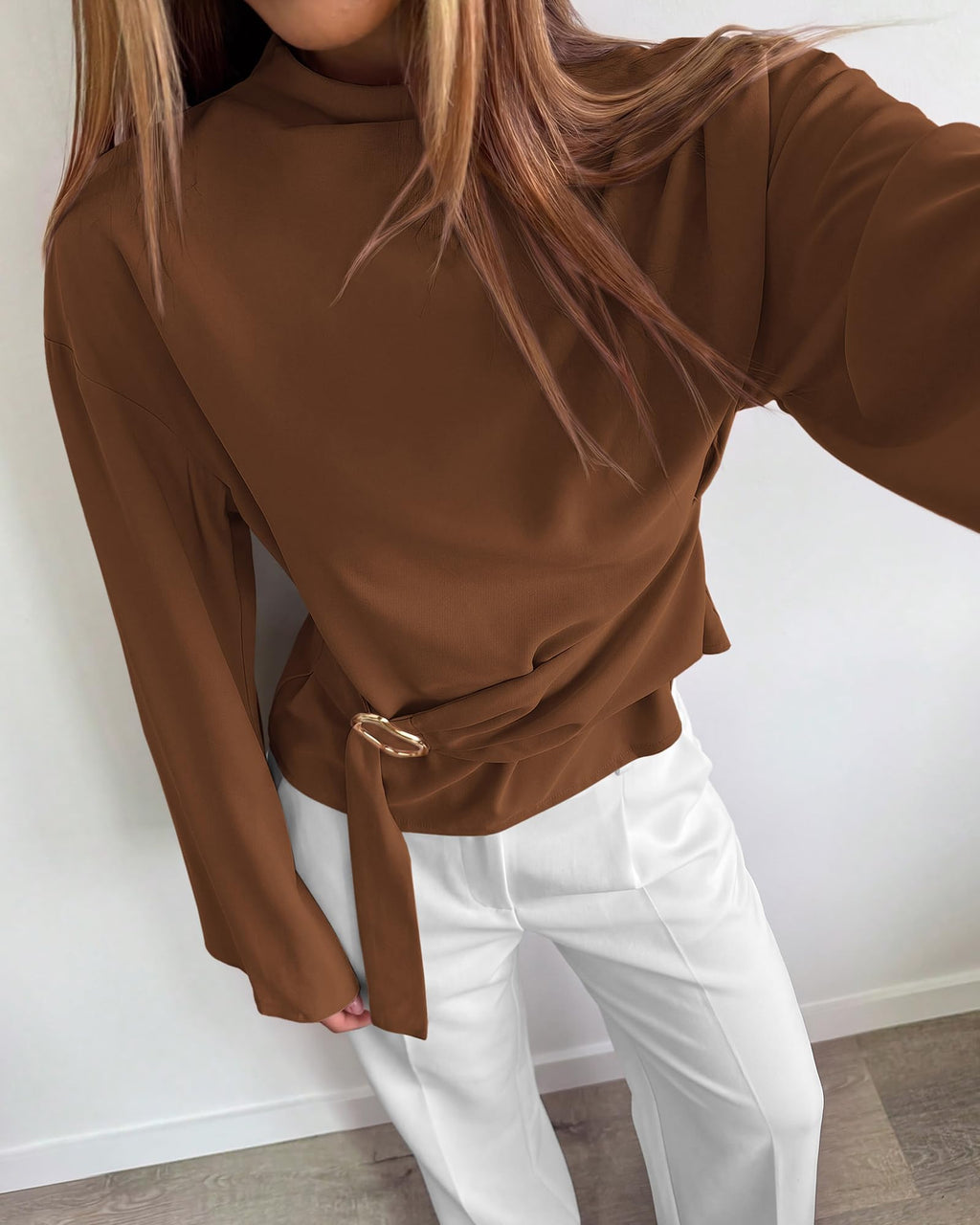 BTFBM Women Business Casual Blouses Bell Long Sleeve Tie Waist Top Mock Neck Back Zipper Shirt, Elegant Dressy Buckle Tunic, Going Out Tops, Work Office Shirts, Early Fall Fashion