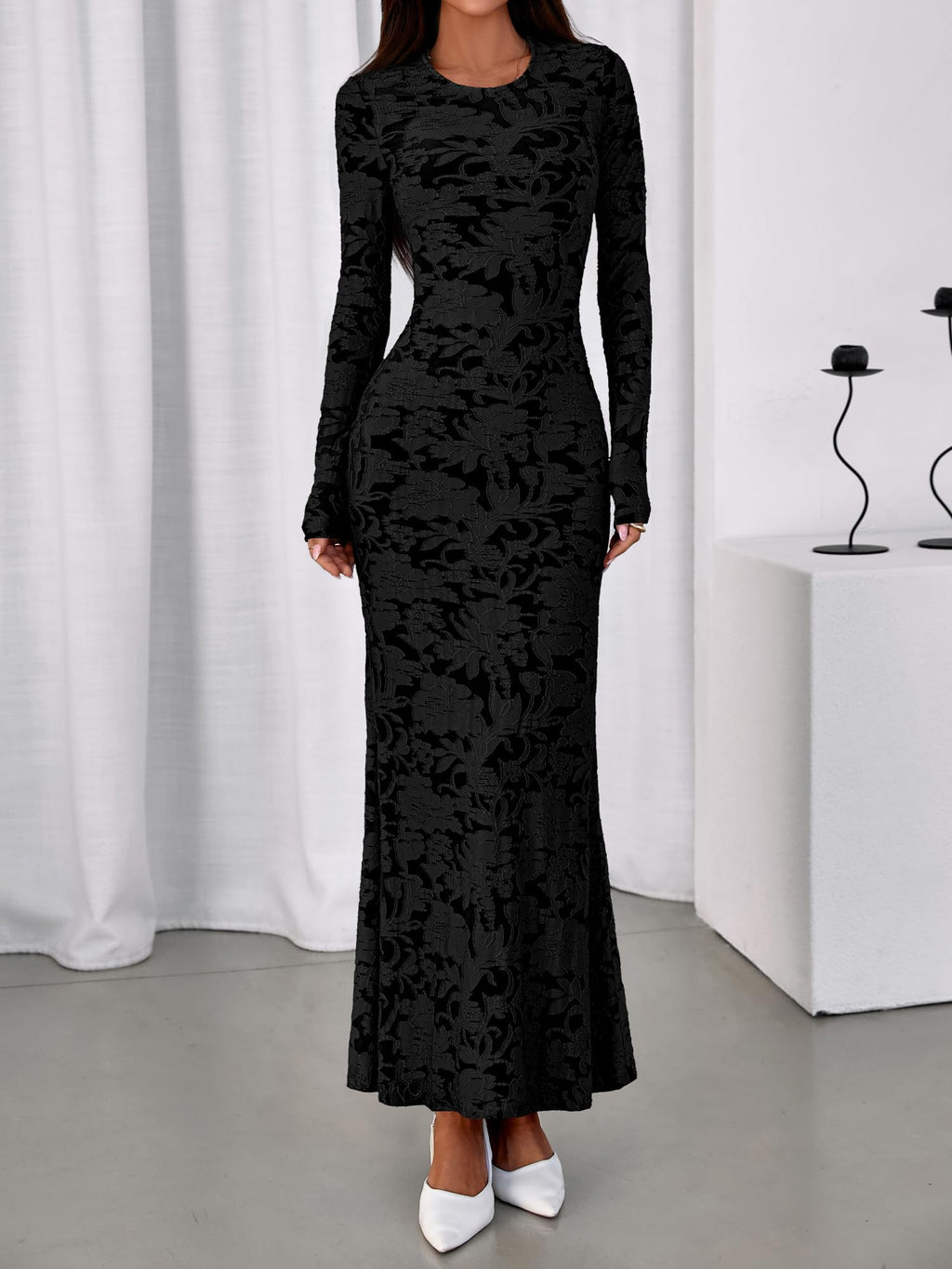 BTFBM Wedding Guest Dresses for Women Fall Elegant Floral Lace Ruched Long Sleeve Bodycon Cocktail Party Maxi Dress