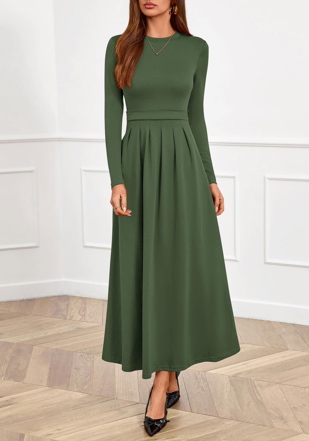 BTFBM Long Sleeve Dress for Women Spring Clothes Pockets Business Casual Pleated Fall Wedding Guest Dresses