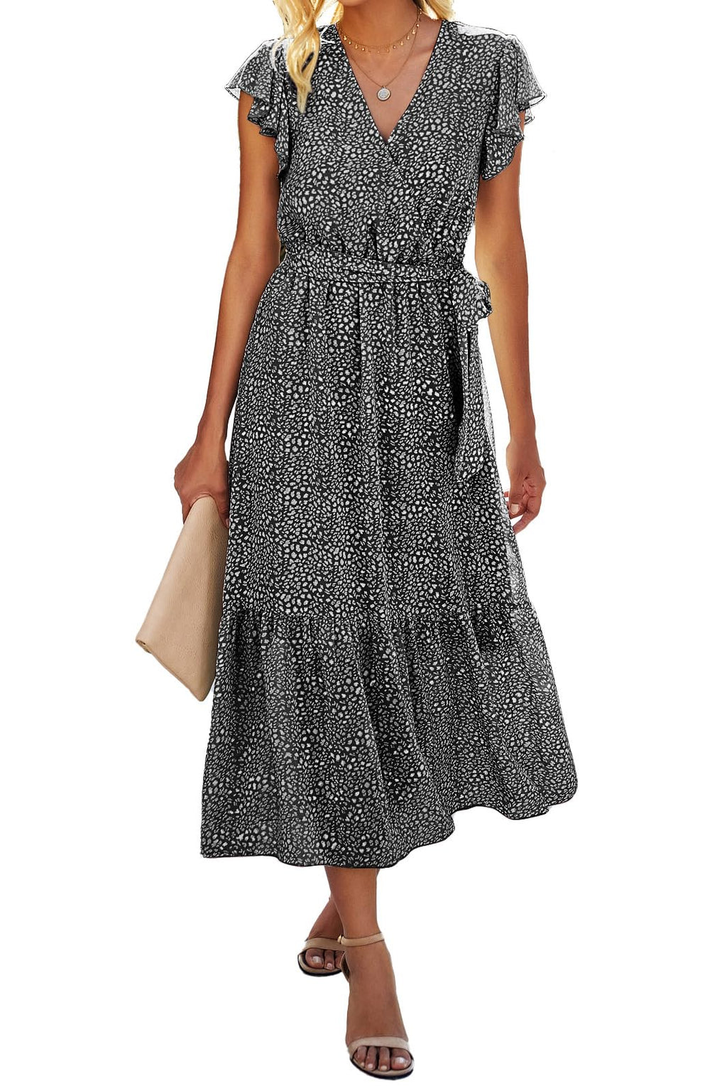 BTFBM Women Summer Casual Wrap V Neck Ruffle Cap Sleeve Belted Midi Dress Fall Swiss Dots A-line Long Wedding Guest Dresses,Elegant Floral Boho Sundress With Pockets,Spring Beach Vacation Clothes