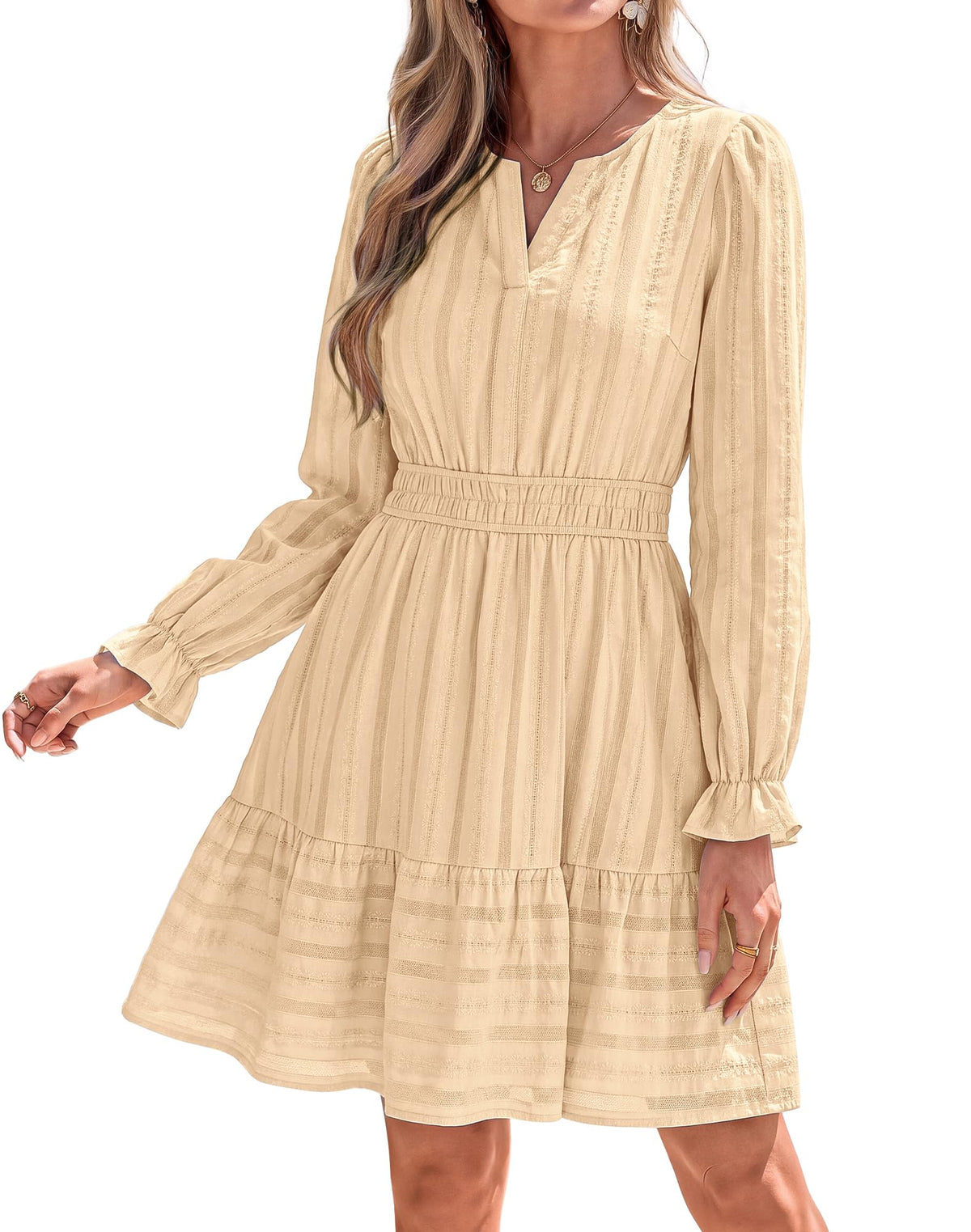 BTFBM Women Long Sleeve Flowy A Line Mini Fall Dress V Neck Puff Cuffs Elastic Waist Tiered Ruffle, Lightweight Small Hollow Out, Cute Casual Boho, Party Wedding Guest Dresses
