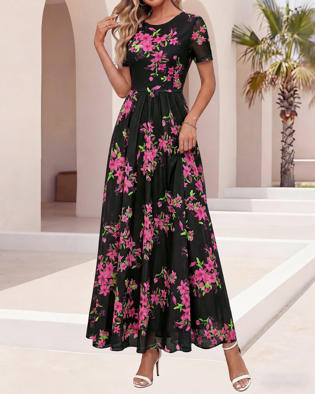 BTFBM Summer Dresses for Women Formal Short Sleeve Homecoming Dress Crew Neck,Mesh,Floral,Loose Fit,A-Line,Party,Cocktail,Graduation,Prom,Bridal Shower,Wedding Guest Maxi Dress,Vacation Outfits