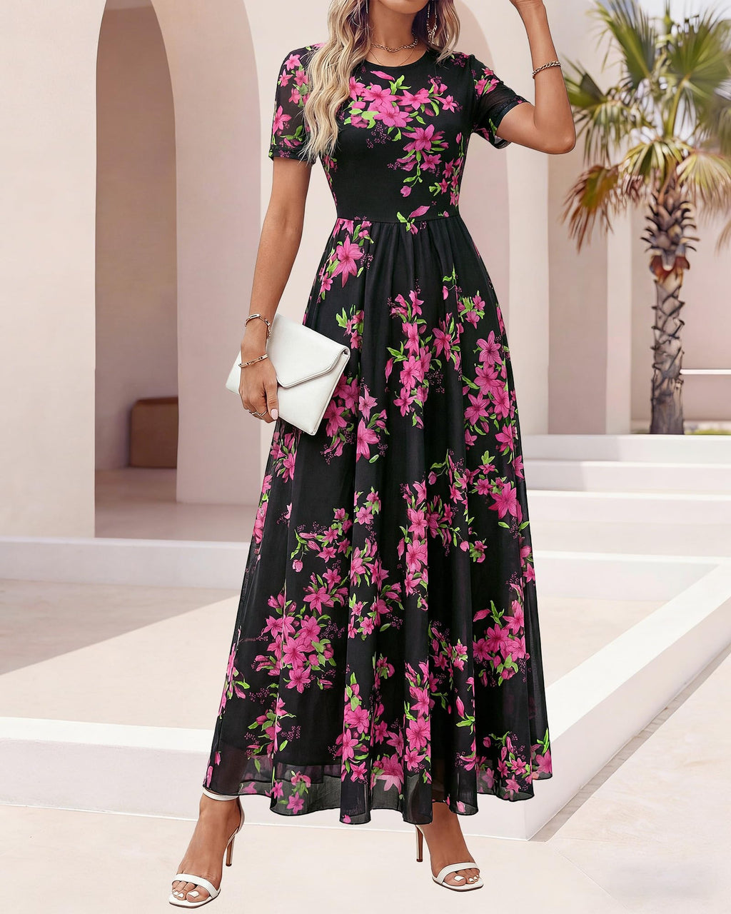 BTFBM Summer Dresses for Women Formal Short Sleeve Homecoming Dress Crew Neck,Mesh,Floral,Loose Fit,A-Line,Party,Cocktail,Graduation,Prom,Bridal Shower,Wedding Guest Maxi Dress,Vacation Outfits