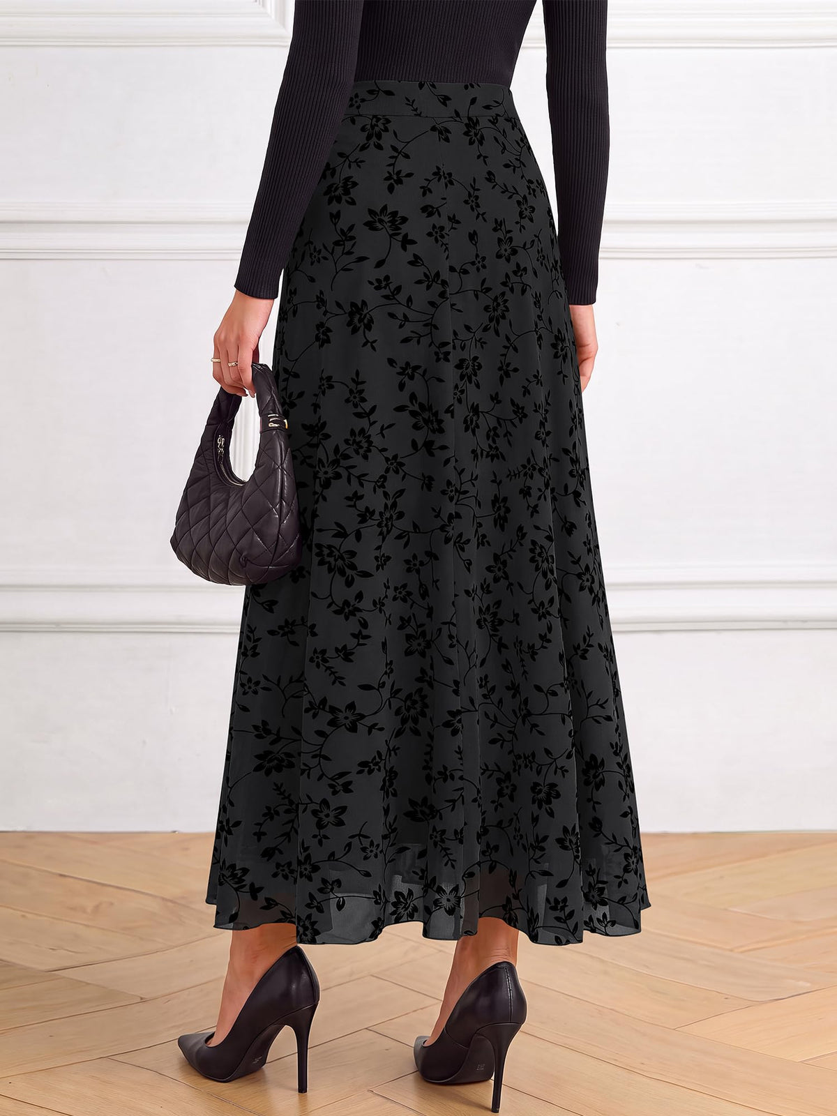 BTFBM Womens Floral Mesh Maxi Skirts Long Tulle Skirt Flowy A Line High Waist Skirts,Velvet-Like Flowers,Flocked Mesh,Double-Layered Skirt,Going Out Outfits,Early Fall Fashion