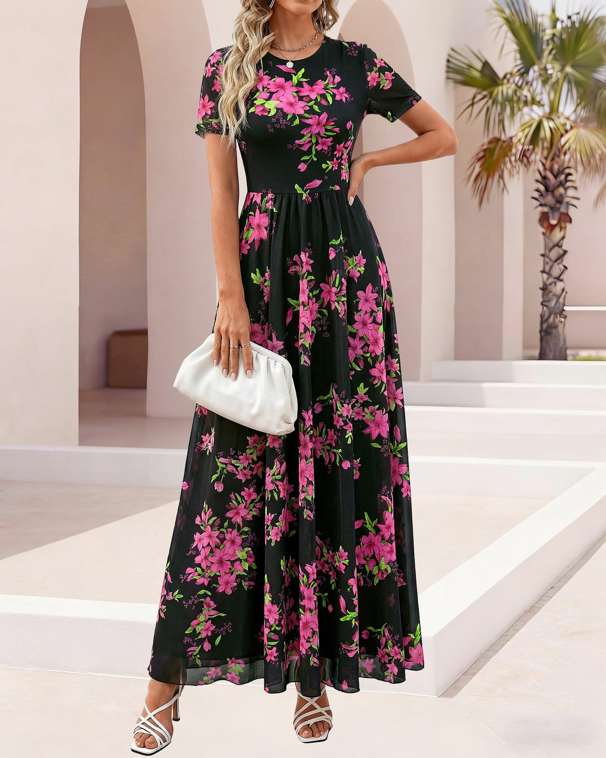 BTFBM Summer Dresses for Women Formal Short Sleeve Homecoming Dress Crew Neck,Mesh,Floral,Loose Fit,A-Line,Party,Cocktail,Graduation,Prom,Bridal Shower,Wedding Guest Maxi Dress,Vacation Outfits