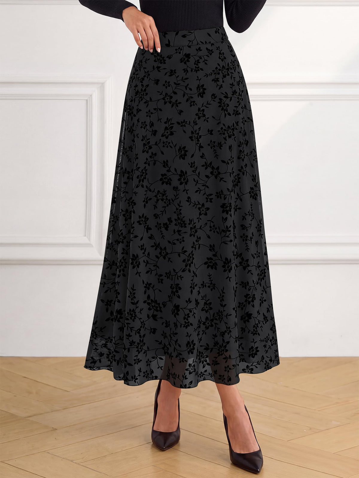 BTFBM Womens Floral Mesh Maxi Skirts Long Tulle Skirt Flowy A Line High Waist Skirts,Velvet-Like Flowers,Flocked Mesh,Double-Layered Skirt,Going Out Outfits,Early Fall Fashion