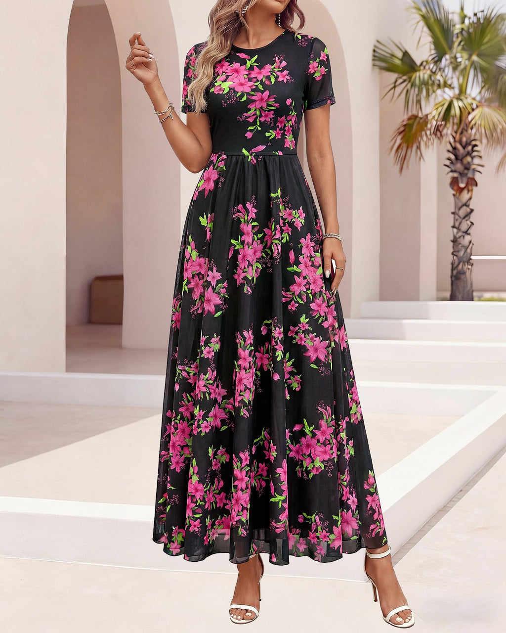 BTFBM Summer Dresses for Women Formal Short Sleeve Homecoming Dress Crew Neck,Mesh,Floral,Loose Fit,A-Line,Party,Cocktail,Graduation,Prom,Bridal Shower,Wedding Guest Maxi Dress,Vacation Outfits