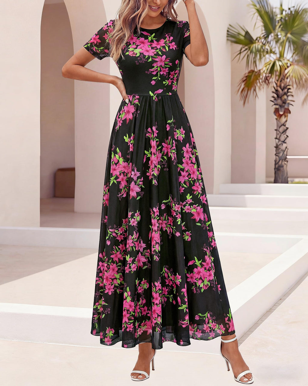 BTFBM Summer Dresses for Women Formal Short Sleeve Homecoming Dress Crew Neck,Mesh,Floral,Loose Fit,A-Line,Party,Cocktail,Graduation,Prom,Bridal Shower,Wedding Guest Maxi Dress,Vacation Outfits
