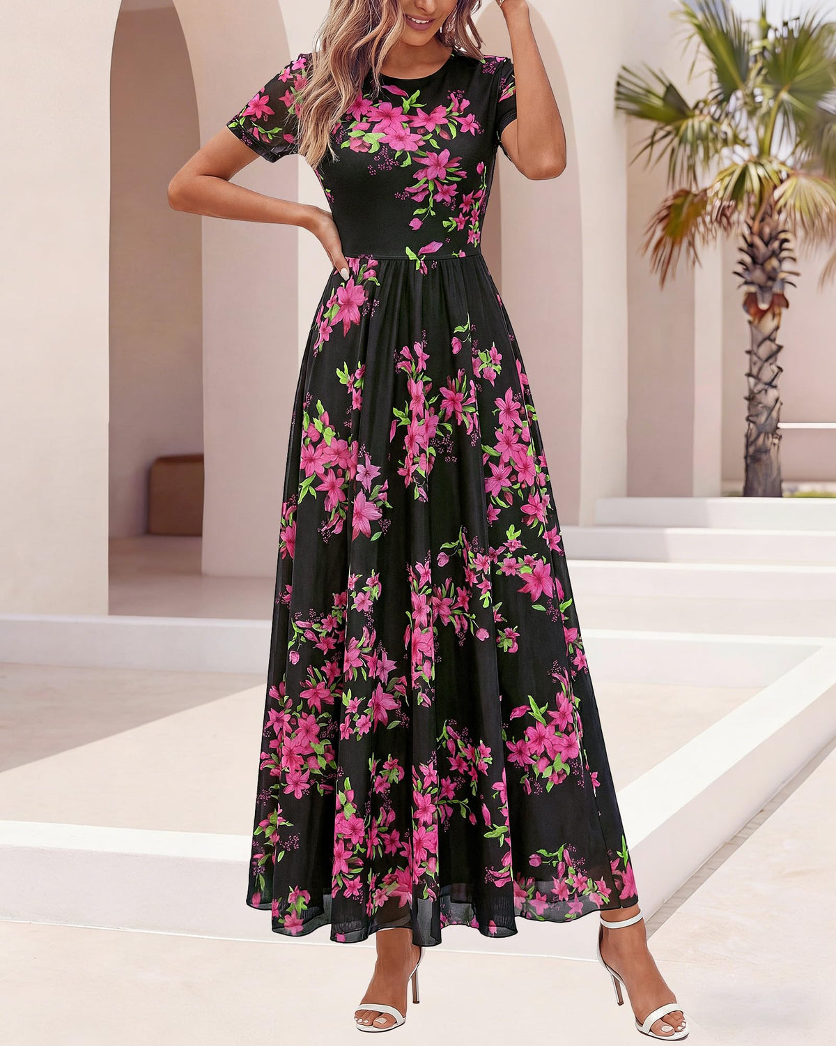 BTFBM Summer Dresses for Women Formal Short Sleeve Homecoming Dress Crew Neck,Mesh,Floral,Loose Fit,A-Line,Party,Cocktail,Graduation,Prom,Bridal Shower,Wedding Guest Maxi Dress,Vacation Outfits