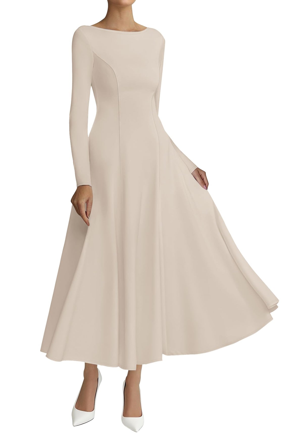 BTFBM Spring Dresses for Women Trendy Boat Neck Long Sleeve A Line Flowy Knit Loose Casual Elegant Party Maxi Dress