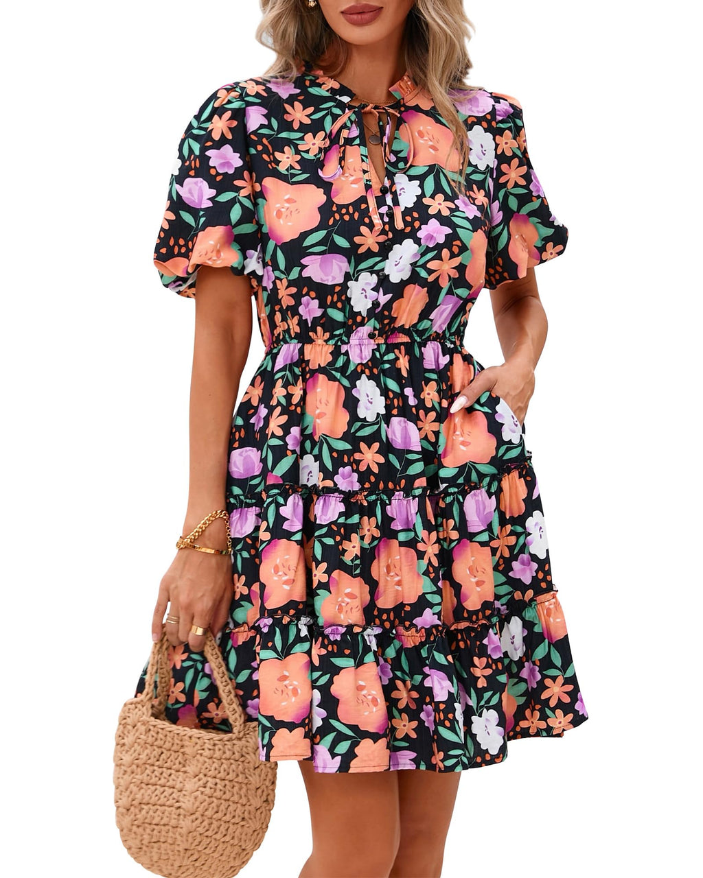 BTFBM Women Summer Floral Short Dresses V Neck Short Sleeve Tiered Ruffle Boho Swing Dress A-Line Mini Dresses