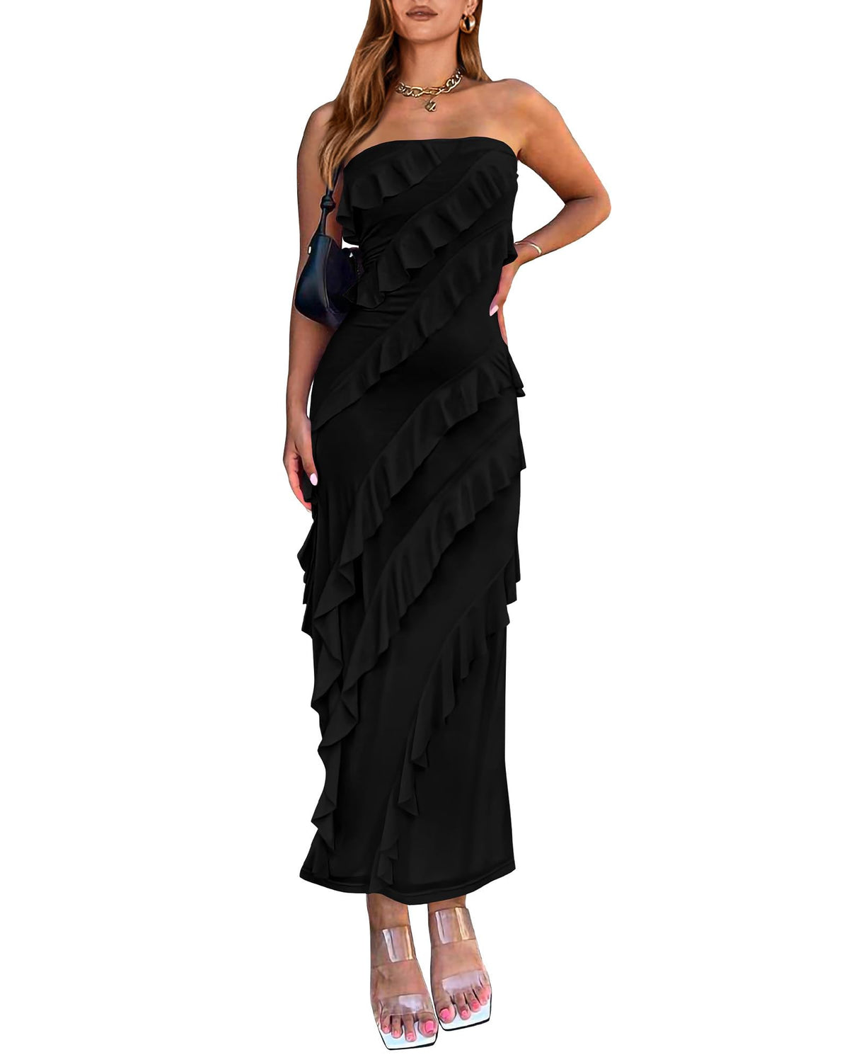 BTFBM Maxi Dresses for Women Solid Bodycon Summer Wedding Guest Dress Lightweight Mesh,Ruffle,Tube Dresses,Sleeveless,Graduation,Cocktail,Prom,Party,Birthday,Baby Shower,Vacation Outfits