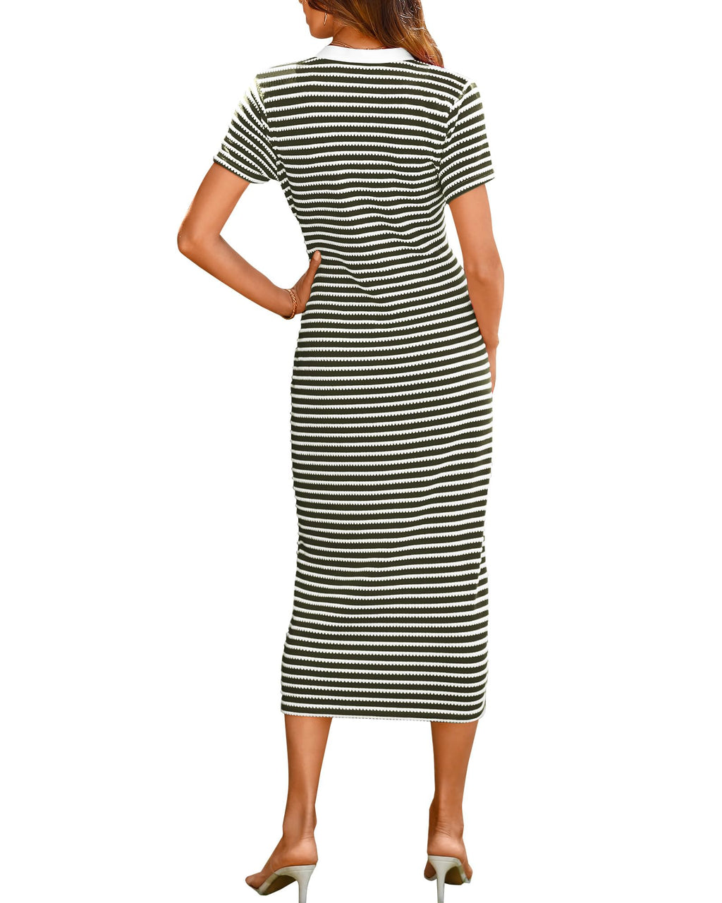 BTFBM Women Casual Summer Dresses Short Sleeve Striped Midi Dresses Decorative Button,V Neck,Bodycon,Lightweight, Ribbed Knit,Wedding Guest Dresses,Party,Night Out,Beach Vacation Clothes