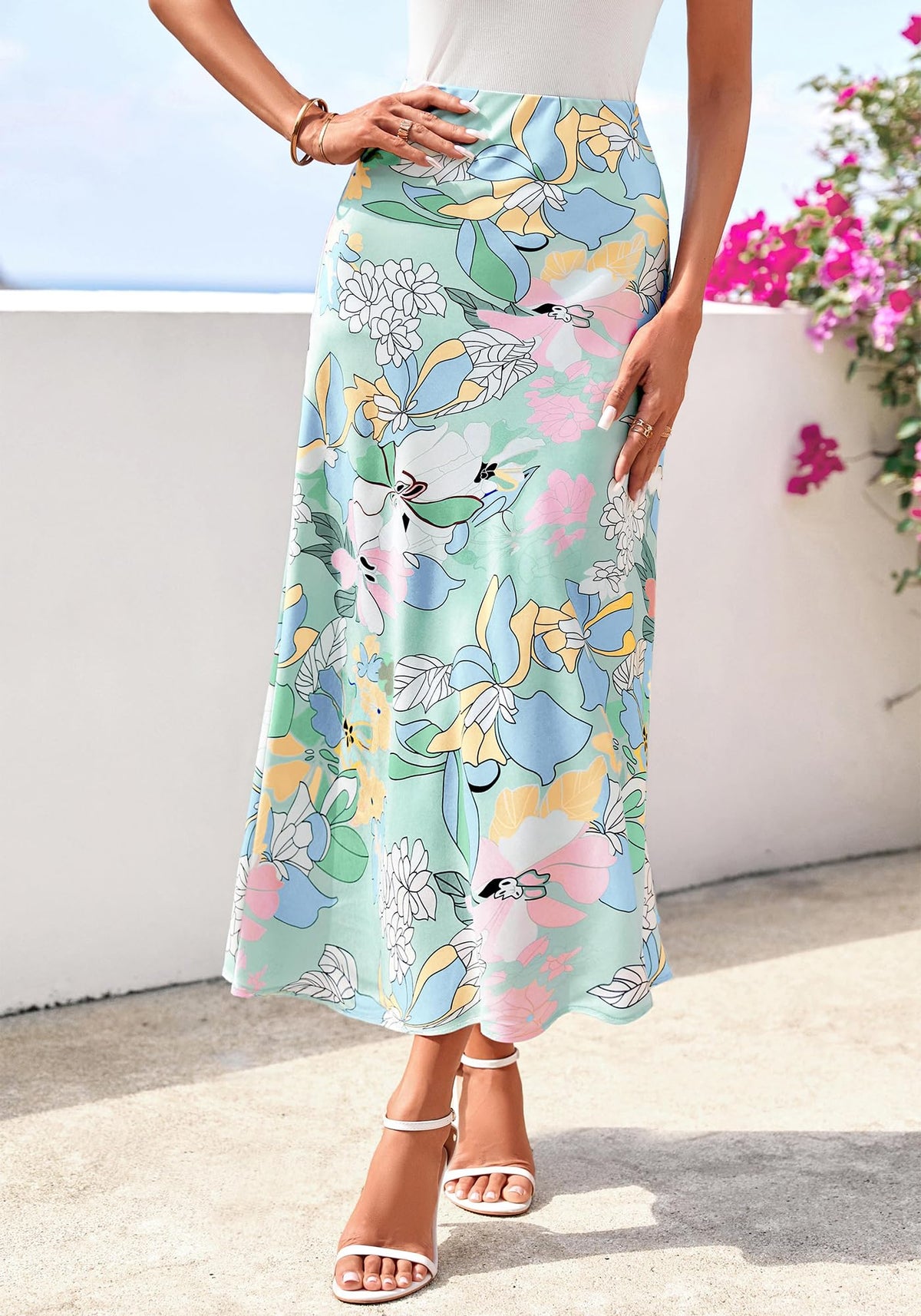 BTFBM Satin Skirts for Women Trendy Spring Summer High Waisted Leopard Print Cocktail Wedding Long Silk Midi Skirt