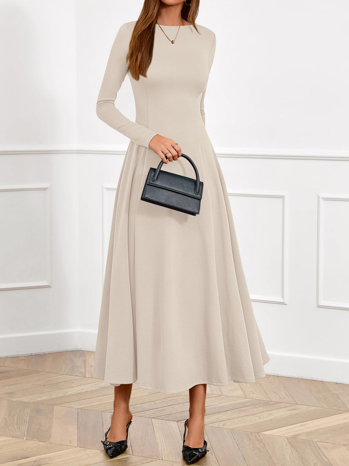 BTFBM Spring Dresses for Women Trendy Boat Neck Long Sleeve A Line Flowy Knit Loose Casual Elegant Party Maxi Dress