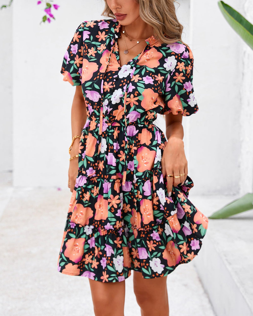 BTFBM Women Summer Floral Short Dresses V Neck Short Sleeve Tiered Ruffle Boho Swing Dress A-Line Mini Dresses