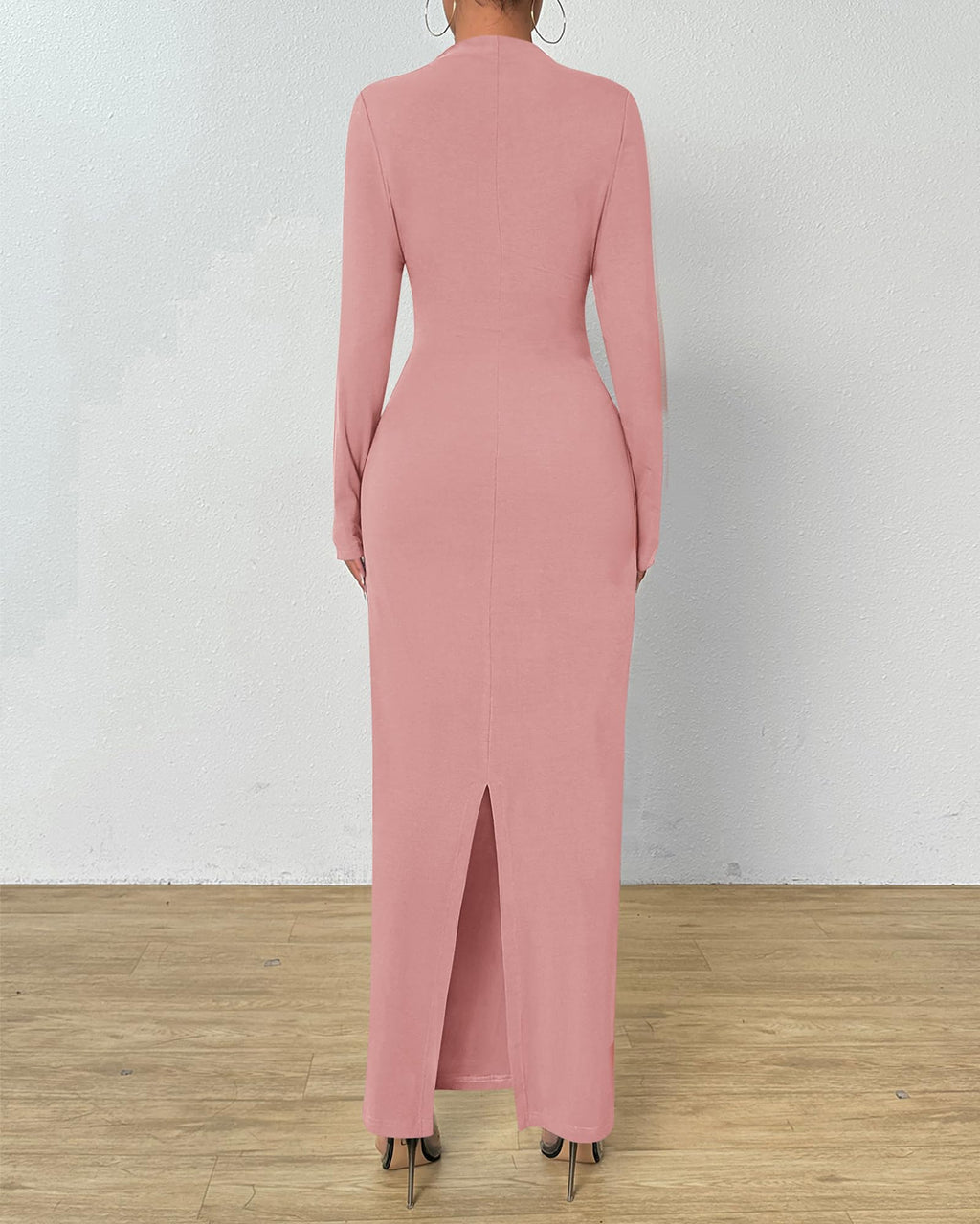 BTFBM Maxi Long Sleeve Dresses for Women Wedding Guest Mock Neck,Back Slit,Lightweight,Ruched Bodycon Dress For Formal,Cocktail,Homecoming,Party,Date Night Outfits,Fall