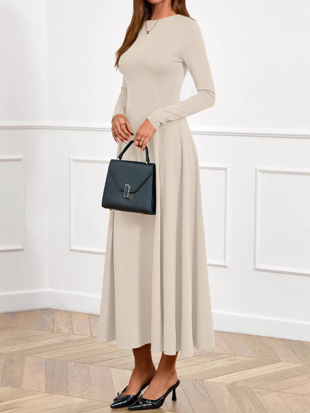 BTFBM Spring Dresses for Women Trendy Boat Neck Long Sleeve A Line Flowy Knit Loose Casual Elegant Party Maxi Dress