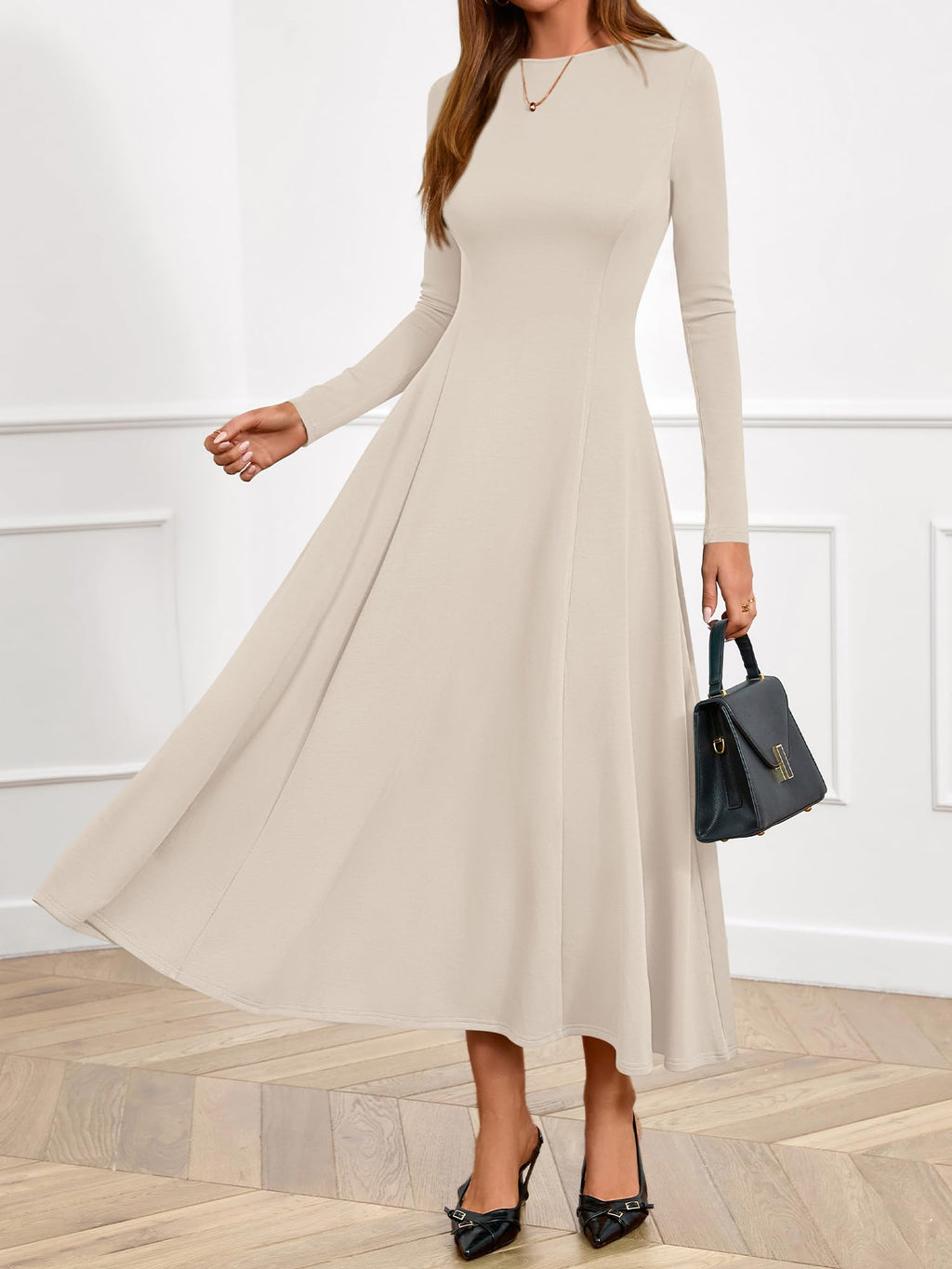 BTFBM Spring Dresses for Women Trendy Boat Neck Long Sleeve A Line Flowy Knit Loose Casual Elegant Party Maxi Dress