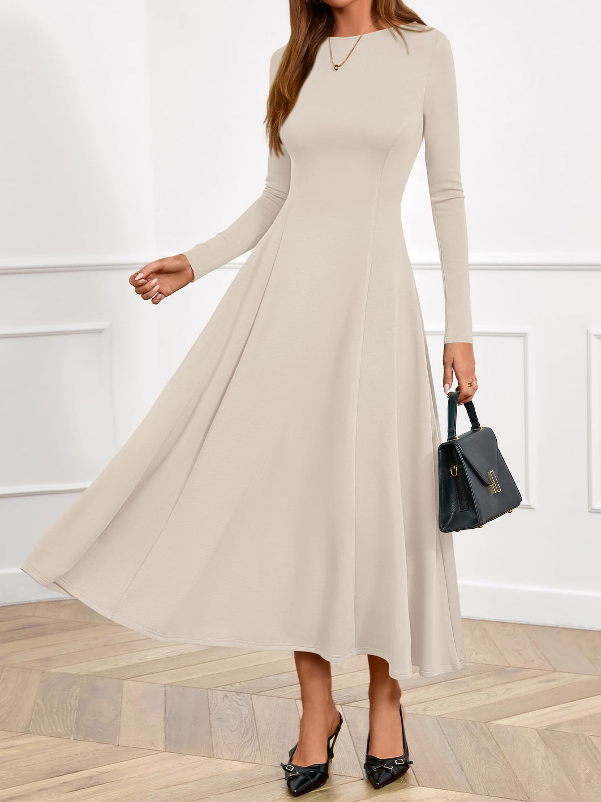 BTFBM Spring Dresses for Women Trendy Boat Neck Long Sleeve A Line Flowy Knit Loose Casual Elegant Party Maxi Dress