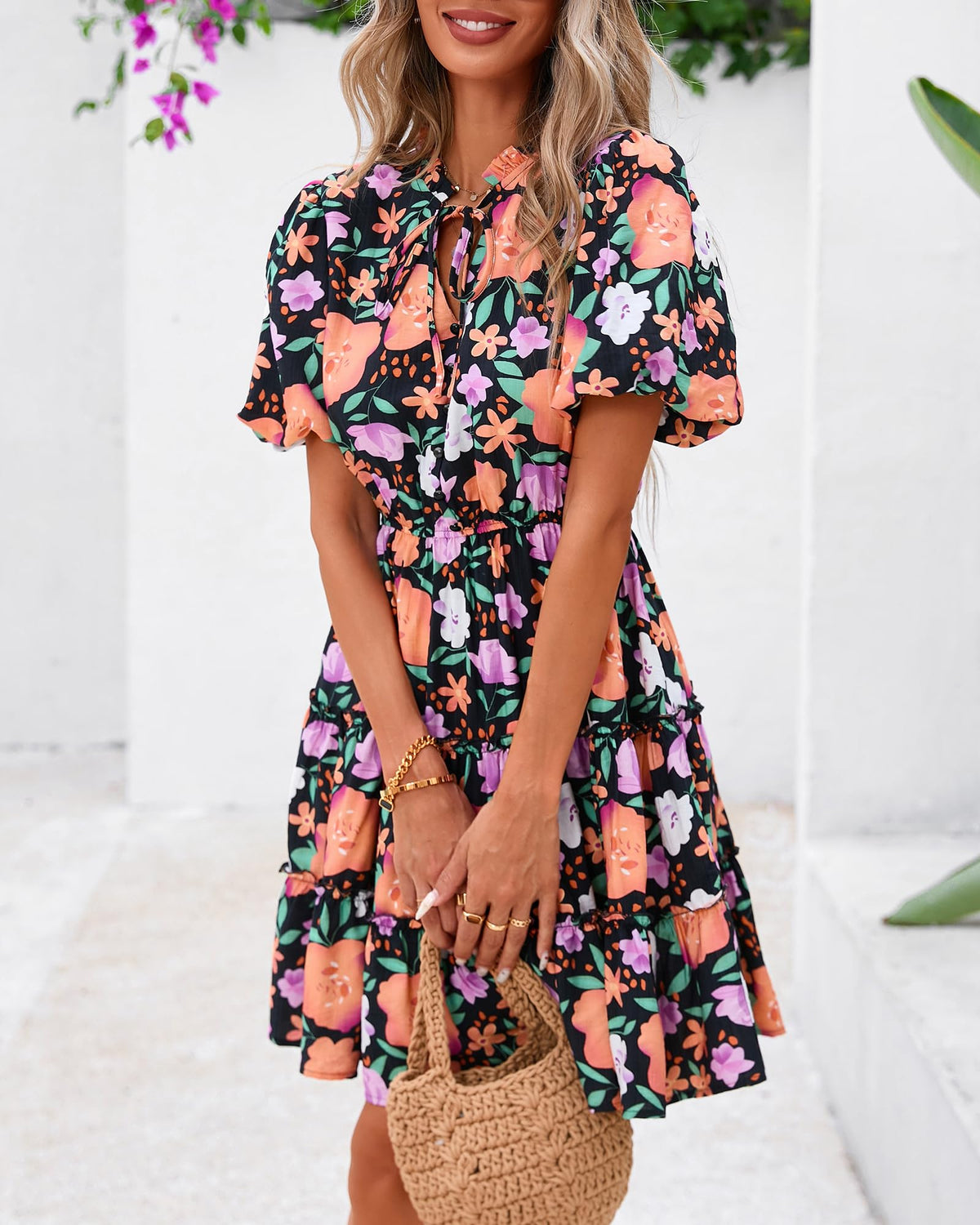 BTFBM Women Summer Floral Short Dresses V Neck Short Sleeve Tiered Ruffle Boho Swing Dress A-Line Mini Dresses