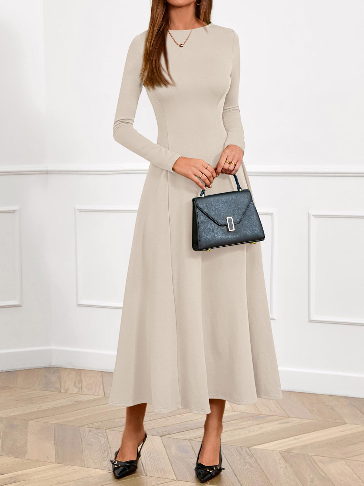BTFBM Spring Dresses for Women Trendy Boat Neck Long Sleeve A Line Flowy Knit Loose Casual Elegant Party Maxi Dress